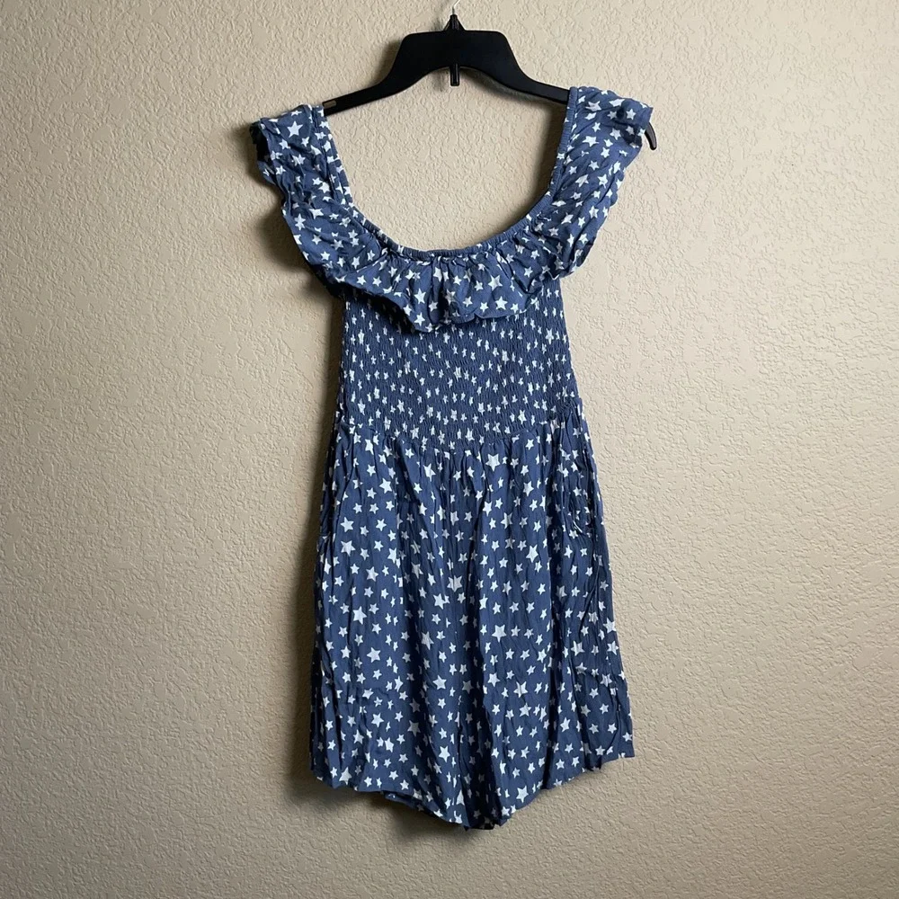 Promesa Womens‎ Small Blue Star Smocked Off Shoulder Romper 4th Of July Pockets